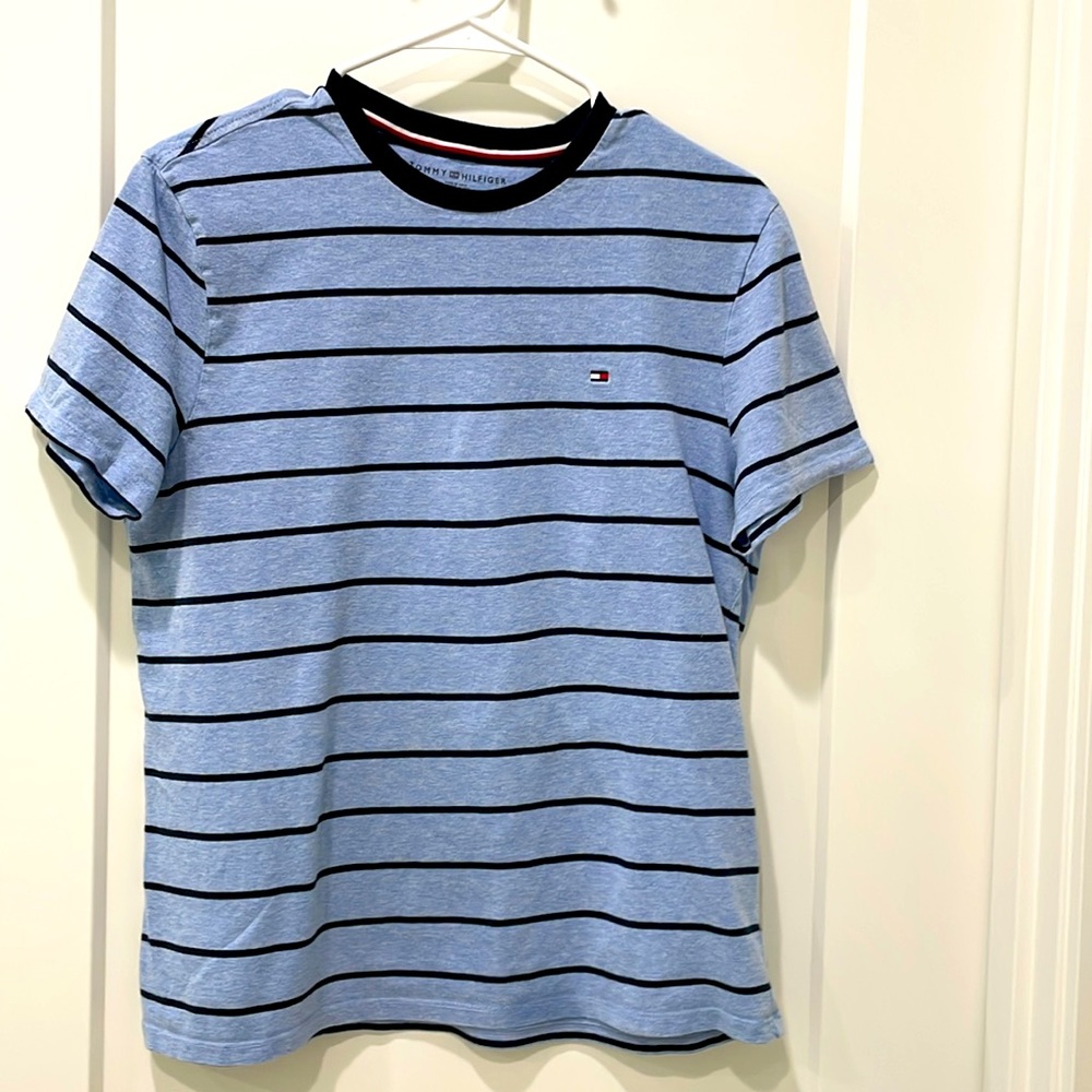 Tommy Hilfiger stripe short sleeve cotton tee shirt in navy and blue heather
